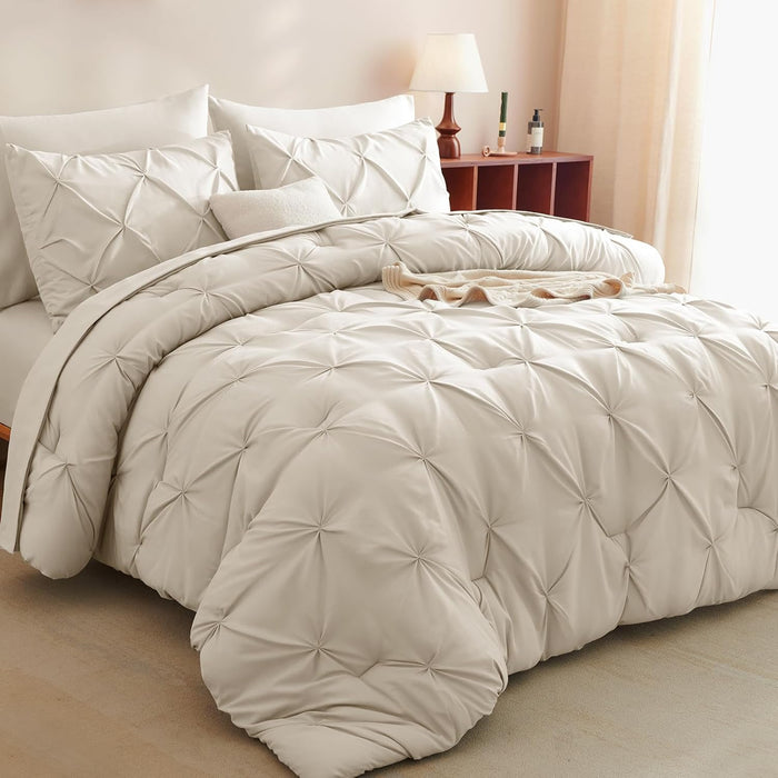 CozyLux Queen Comforter Set Black, 7 Pieces Pintuck Bed in A Bag, Premium Black Comforter Queen Size, Pinch Pleat Bedding Sets with Comforter, Sheets, Pillowcases & Shams