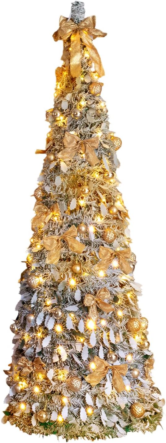 VINGLI 6ft Pre lit Pop Up Christmas Tree with Lights, Pre-Decorated Artificial Pencil Xmas Tree Collapsible Christmas Tree Holiday Party Decorations (Red&Gold)