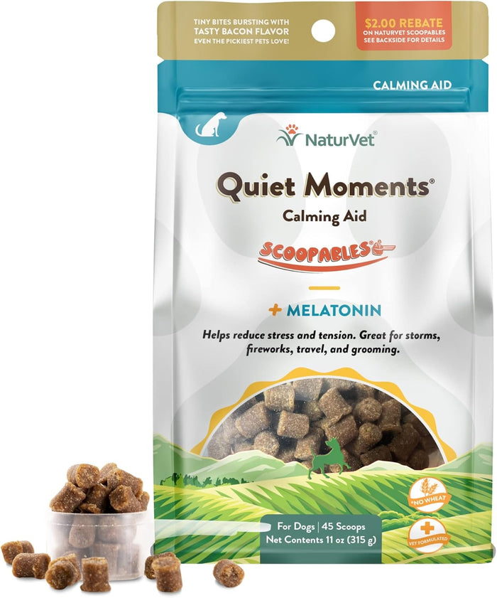 NaturVet Quiet Moments Calming Aid Melatonin Dog Supplement – Helps Reduce Stress in Dogs – for Pet Storm Anxiety, Motion Sickness, Grooming, Separation, Travel – 30 Ct. Tablets