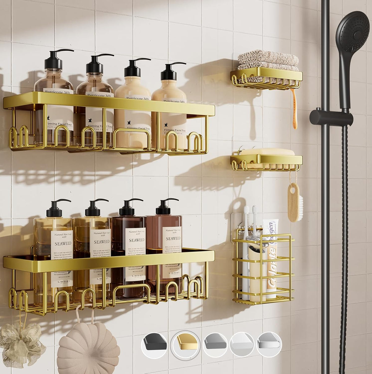Veken Rustproof Shower Caddy 6-Pack, No Drilling & Waterproof Adhesive Shower Shelves Rack with Soap Holder, Large Capacity Bathroom Organizers and Storage, Wall-Mounted Kitchen & Home Decor