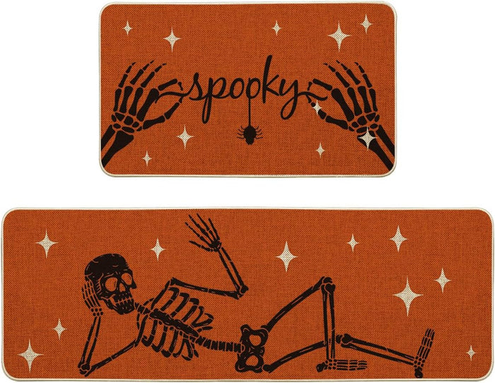Artoid Mode Spooky Skeleton Spider Bone Black Halloween Kitchen Mats Set of 2, Black Home Decor Low-Profile Kitchen Rugs for Floor - 17x29 and 17x47 Inch