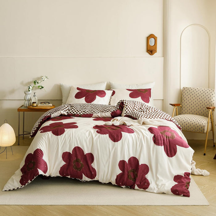 CLOTHKNOW Pumpkin Floral Queen Comforter Set Sunflower Bedding Comforter Sets Black White Plaid Comforter Botanical Comforters