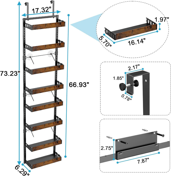 bukfen Over the Door Pantry Organizer, 8-Tier Adjustable Wooden Basket Kitchen Pantry Door Organization and Storage,2 in 1 Wall Mount or Hanging Heavy-Duty Metal Hanging Kitchen Spice Rack,1 Pack