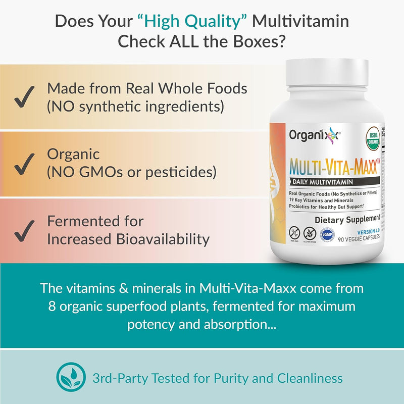 Organixx Vegan Multivitamin for Women & Men, with Vitamin C, D3, Vitamin B Complex, Probiotics, Organic Fruits and Vegetables, Supports Digestive, Gut Health, Immune Support, 90 Gel Capsules