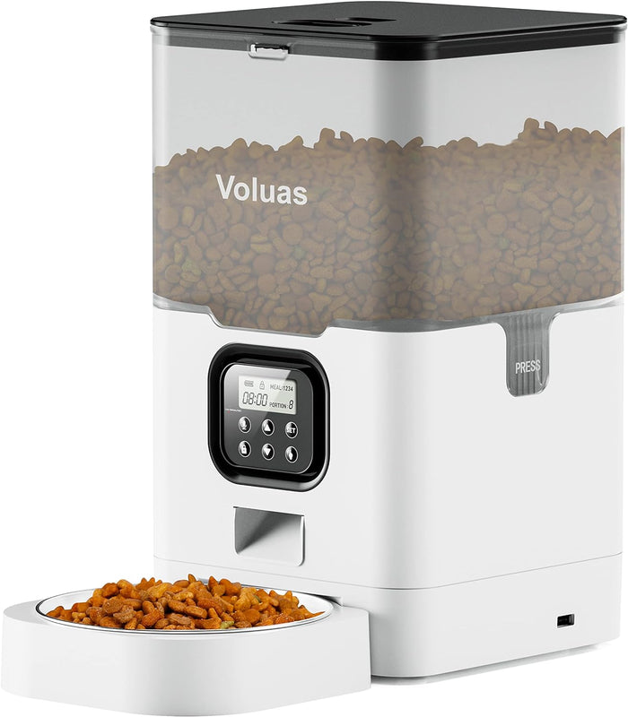 VOLUAS Automatic Cat Feeder – 4L Timed Cat Dry Food Dispenser with Voice Recorder, Dual Power Supply, Programmable Portion Control, Desiccant Bag, Auto Pet Feeder for Cats and Dogs
