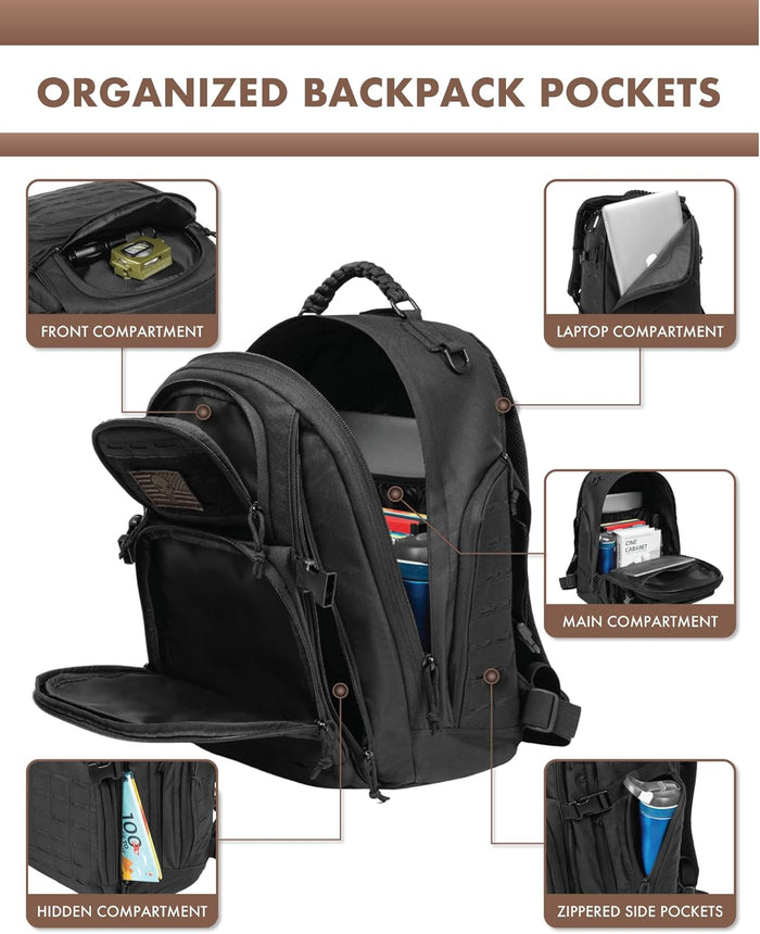 TRAILKICKER Military Tactical Backpack 40L for Men, Hiking Camping Molle EDC Daypack Army Assault Pack Lightweight Work Backpack with Water Bladder Compartment, Black