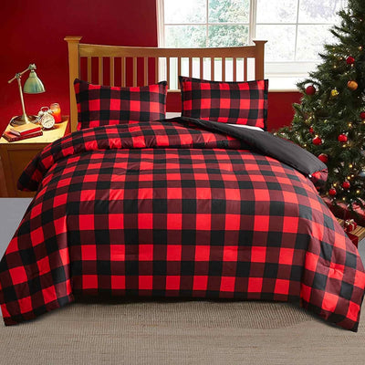 Faincy Full Comforter Set, Red and Black Grid Buffalo Check Plaid Pattern, Reversible Microfiber Duvet Set, Soft Christmas New Year Gift Modern Bedding in a Bag for Women Men Teen, Size 80 x 90 3PCs