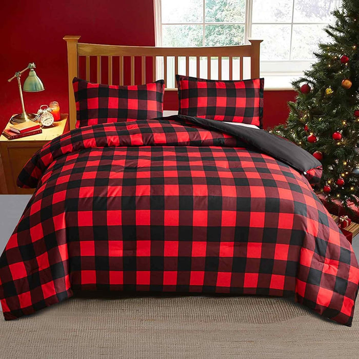 Faincy Full Comforter Set, Red and Black Grid Buffalo Check Plaid Pattern, Reversible Microfiber Duvet Set, Soft Christmas New Year Gift Modern Bedding in a Bag for Women Men Teen, Size 80 x 90 3PCs