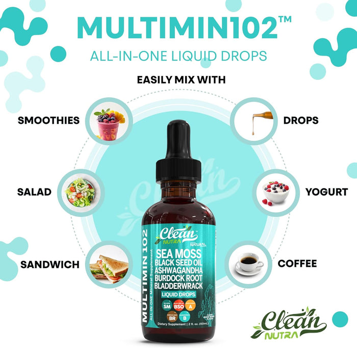 Clean Nutra Organic Sea Moss Drops Supplement | Black Seed Oil Irish Seamoss Ashwagandha Burdock Root & Bladderwrack - Multimineral Liquid Vegan for Gut Heath Energy Skin Immune Support & Hair