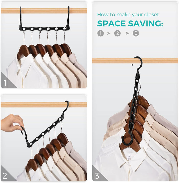 HOUSE DAY Closet Organizers and Storage, 10 Pack Magic Space Saving Hangers Clothes Hanger with 6 Holes Closet Storage for Heavy Clothes, Home & College Dorm Room Essentials for Girls Guys - Black