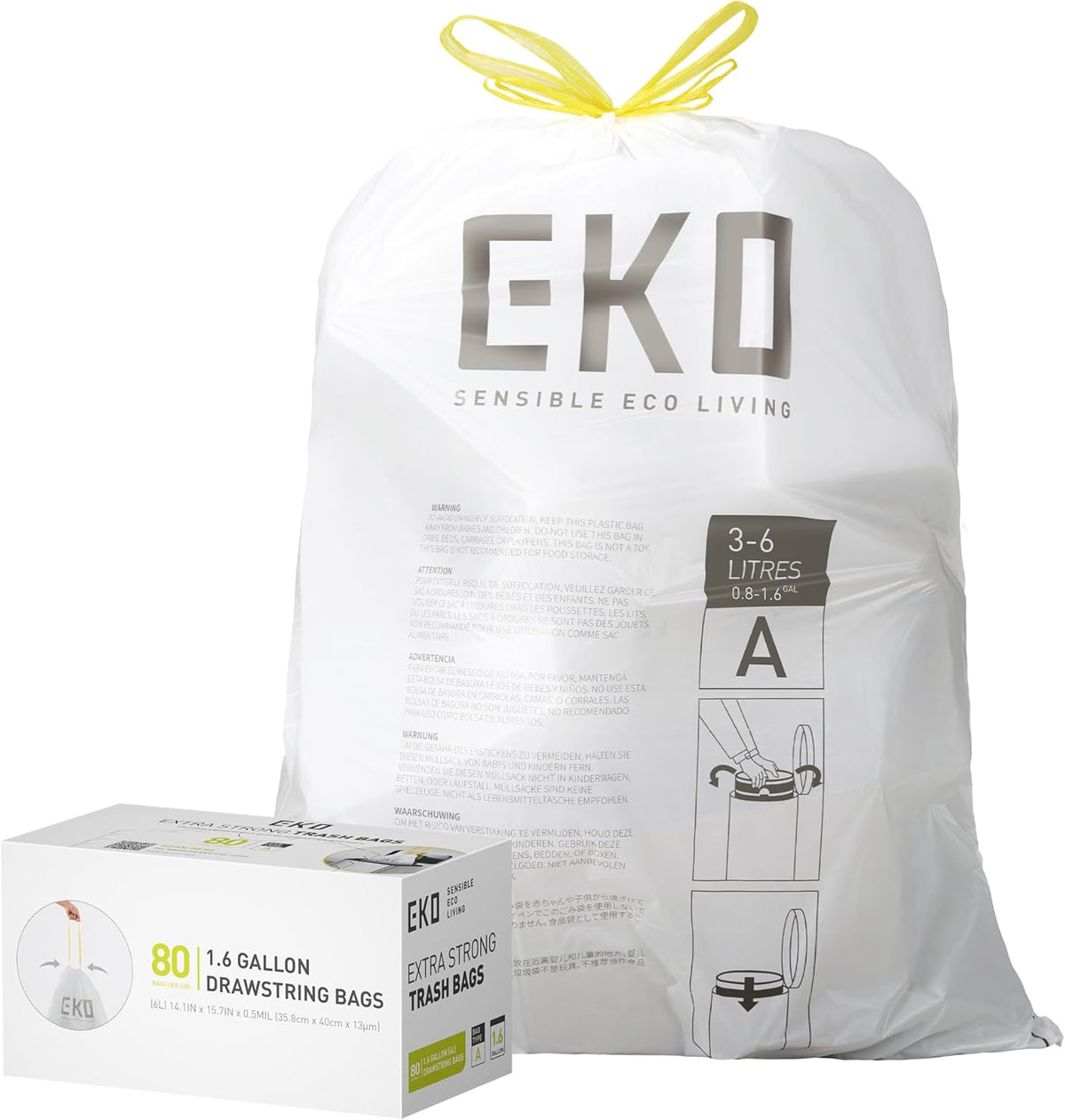 EKO 12.9 Gallon / 45-49 Liter, 110 Count Drawstring Trash Bags, Extra-Strong Unscented Garbage Bags, Easy-Dispense Roll for Kitchen & Household Use, Resists Tears, Leaks and Punctures, Code J, White