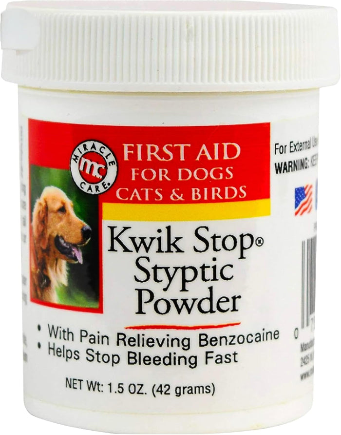 Miracle Care Kwik Stop Styptic Powder For Dogs, Cats and Birds, 0.5 Ounce, Fast Acting Blood Stop Powder with Pain Relieving Benzocaine