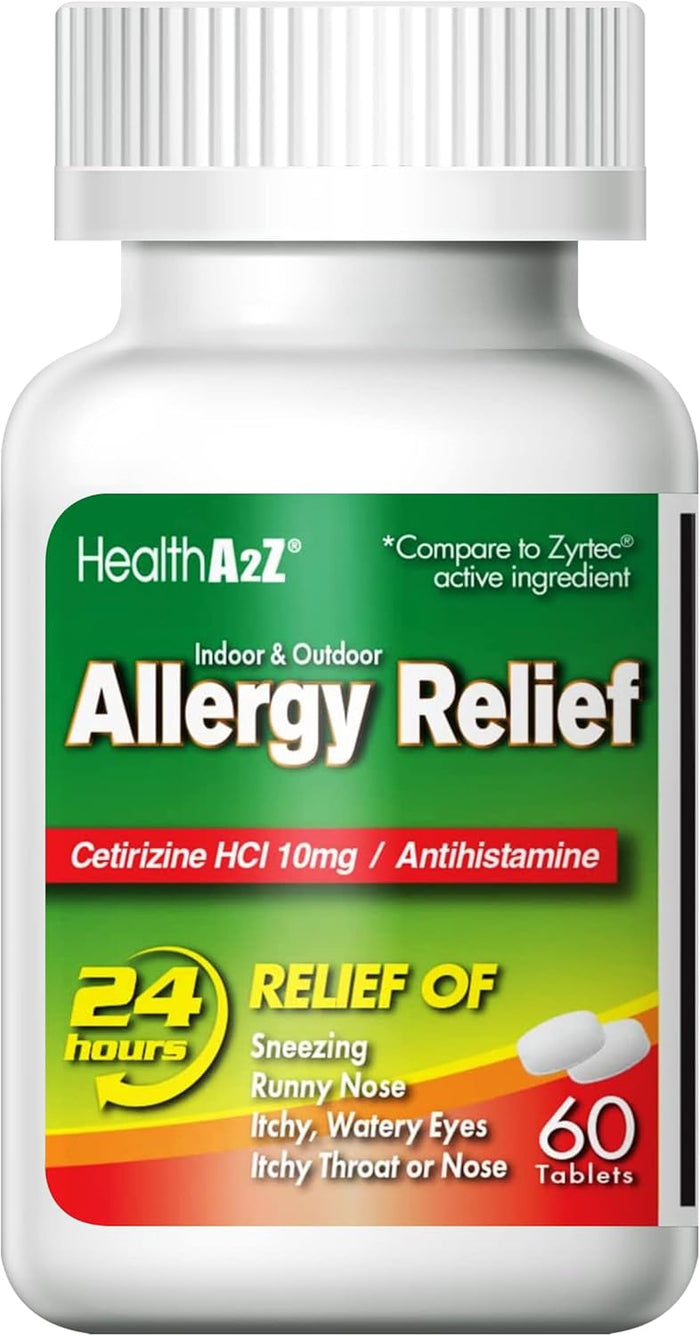HealthA2Z® Allergy Relief | Cetirizine 10mg | All Day Allergy Relief | Indoor & Outdoor | Relief from Itchy Throat, Sneezing, Runny Noses (300 Count (Pack of 1))