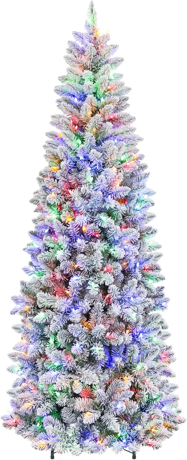 Hykolity 6ft Prelit Pencil Slim Christmas Tree with 200 Color Changing LED Lights, 544 Branch Tips, Metal Stand and Hinged Branches, 10 Color Modes