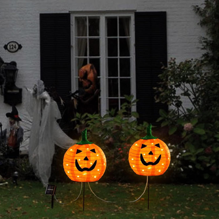 Solar Halloween Pumpkin LED Lights, Set of 2 Big Pumpkin Stake Lights 2 Modes for Outdoor Halloween Pathway Yard Garden Decoration (Warm White-Pumpkin, 2 Pack)