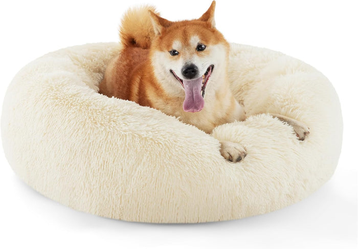 Bedsure Calming Dog Bed for Small Dogs - Donut Washable Small Puppy Bed, 23 inches Anti-Slip Round Fluffy Plush Faux Fur Large Cat Bed, Fits up to 25 lbs Pets, Camel