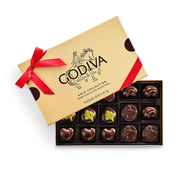 Godiva Red Bow Gold Milk Chocolate Gift Box, Belgian Milk Chocolates with Ganaches, Pralinés & Caramels, Gourmet Holiday Gift, Non-GMO & Kosher, 15 Pc