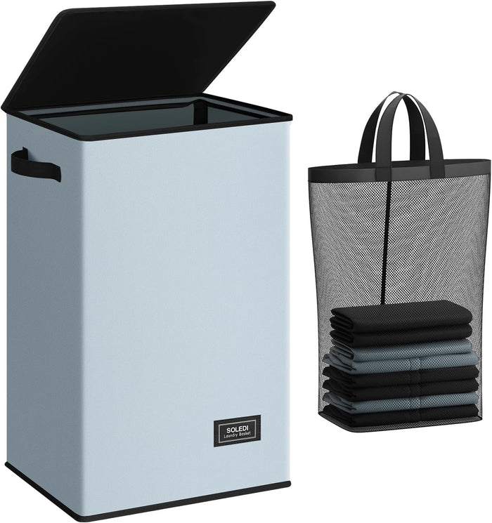 SOLEDI Laundry Hamper with Lid 100L Large & Tall Collapsible Laundry Basket, Clothes Hamper with Bag Removable Easy to Carry, Dirty Hampers for Bedroom, Bathroom, Dorm, College, Grey