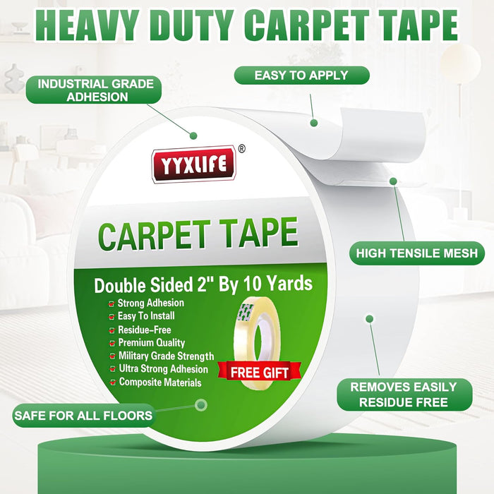 YYXLIFE Double Sided Removable Rug Tape - Carpet Adhesive for Hardwood Floors,Non Slip Anti Curling Floor Tape for Area Rugs,Mats,Carpets - No Residue Strong Hold for Tile, 2Inch x 10Yards,White