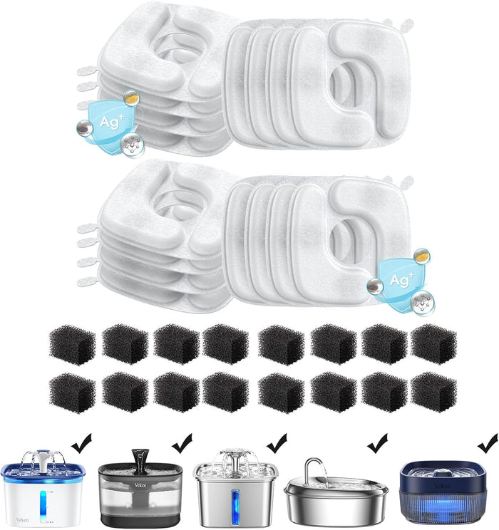 Veken Cat Water Fountain Filters, 8 Pack Replacement Filters & 8 Pack Replacement Pre-Filter Sponges Set for 50oz, 84oz, 95oz Automatic Pet Fountain Dog Water Dispenser