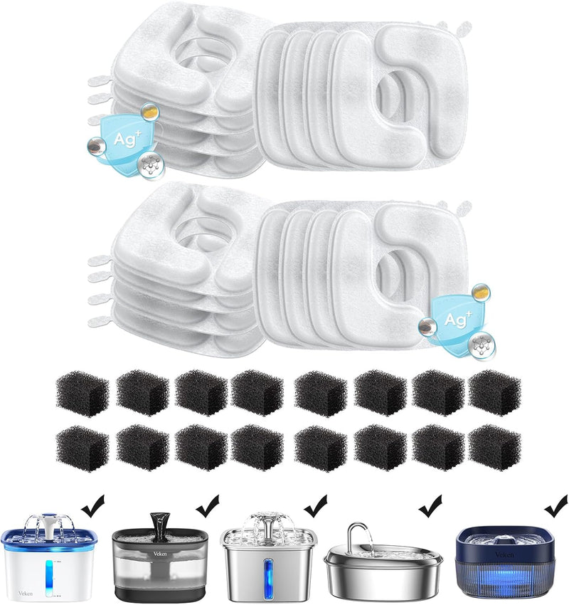 Veken Cat Water Fountain Filters, 8 Pack Replacement Filters & 8 Pack Replacement Pre-Filter Sponges Set for 50oz, 84oz, 95oz Automatic Pet Fountain Dog Water Dispenser