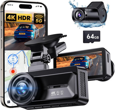 COOLCRAZY Dash Cam Front Rear - 4K+1080P Full HD Dashcam Free 64GB Card, with 5G WiFi GPS, Dual Dash Camera for Cars with 3" IPS Screen, Night Vision, HDR, App Control, 24H Parking Mode, Loop Record