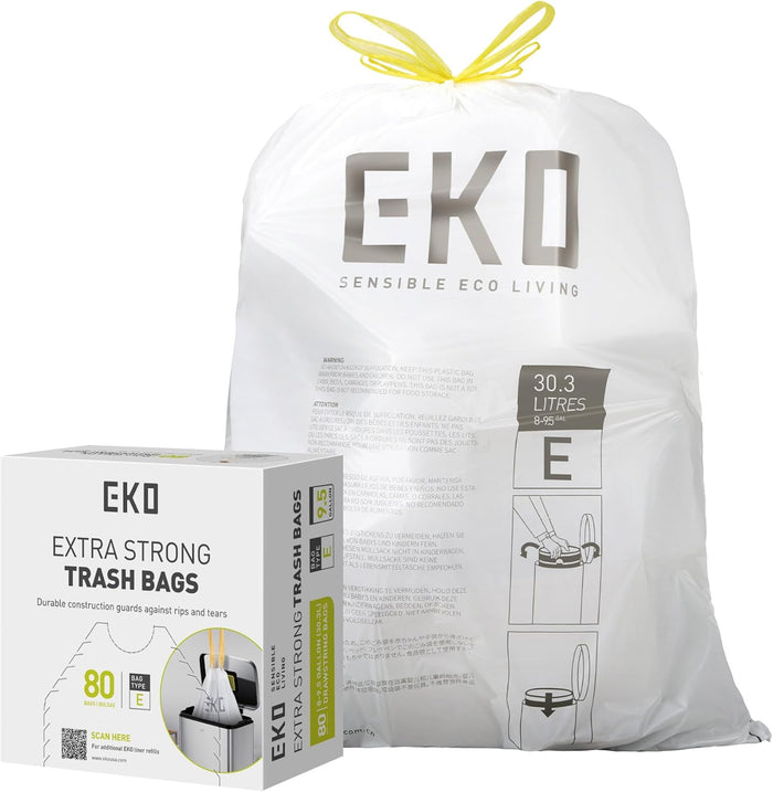 EKO 12.9 Gallon / 45-49 Liter, 110 Count Drawstring Trash Bags, Extra-Strong Unscented Garbage Bags, Easy-Dispense Roll for Kitchen & Household Use, Resists Tears, Leaks and Punctures, Code J, White