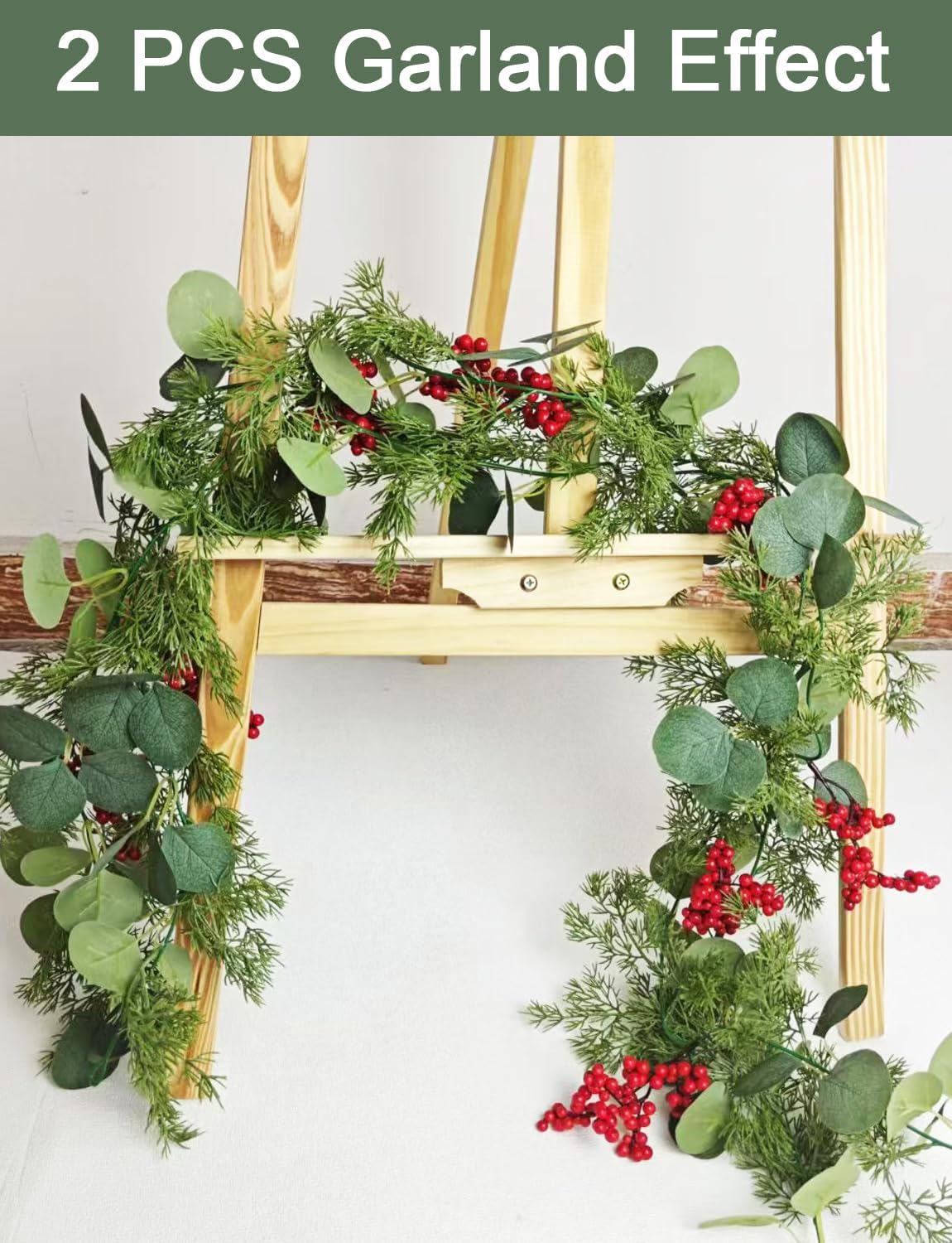 5.9 Feet Eucalyptus Leaves Red Berry Norfolk Pine Christmas Greenery Garland for Table, Mantle, Wall, Indoor, Outdoor Christmas Decorations
