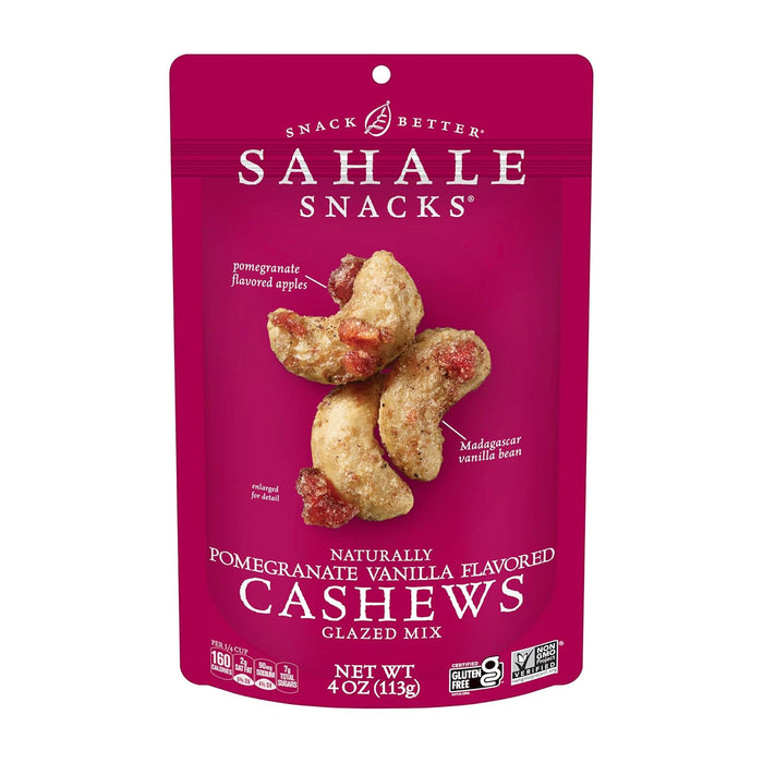 Sahale Snacks Pomegranate Vanilla Cashews, 1.5 oz Bags (18 Packs) - Dry-Roasted Deluxe Mixed Nuts with Pomegranate Infused Apples & Madagascar Vanilla - Non-GMO, Kosher, & Certified Gluten-Free Snacks