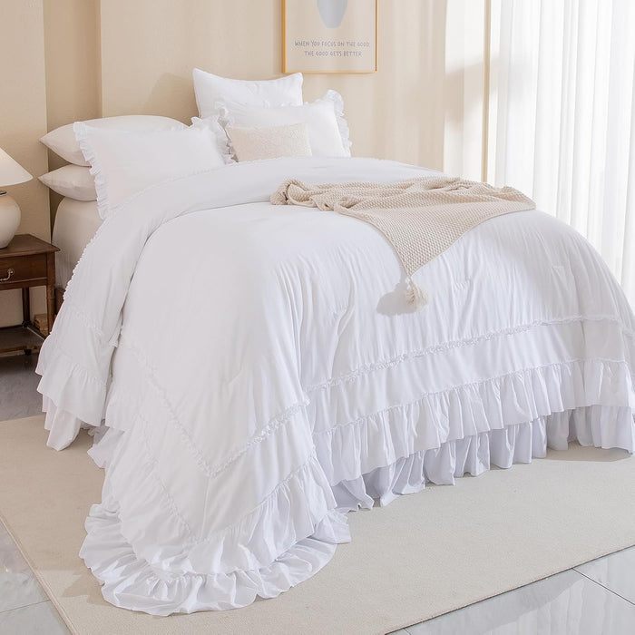 Queen's House Light Blue Farmhouse Ruffled King Size Comforter Set,Lightweight Microfiber Inner Fill Fluffy Boho Chic Bedding Comforter,Ultra Soft Microfiber Inner Fill Bedding