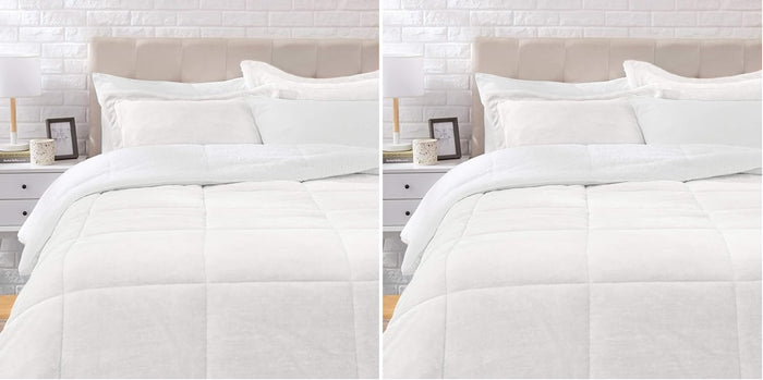 Amazon Basics 3 Piece Bedding Set, Micromink Sherpa, Ultra-Soft, Warm All Season Comforter, Full/Queen, Navy Blue, Solid