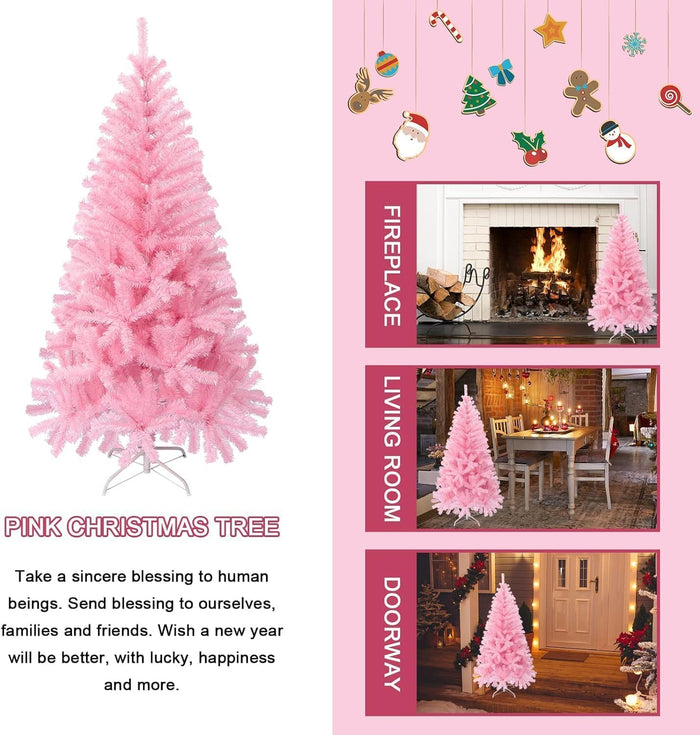 Pink Christmas Tree, 4FT Christmas Tree with Metal Stand, Artificial Pink Tree with 300 Branch Tips, Easy Assembly, for Indoor Outdoor Holiday Decoration