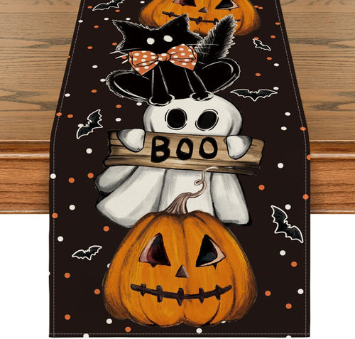 Artoid Mode Polka Dot Ghost Pumpkin Cat Boo Halloween Table Runner, Bat Seasonal Fall Kitchen Dining Table Decoration for Home Party Decor 13x72 Inch