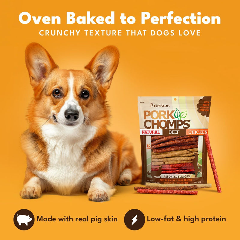 Pork Chomps Dog Chews, 5-inch Munchy Sticks, Assorted Flavors, 50 Count (Pack of 1)