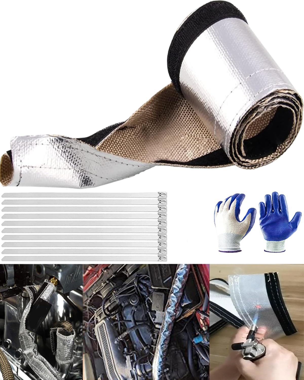 Qintisoy Automotive Heat Shield Sleeving - 1" I.D. x 10FT Silver Aluminized Heat Shroud Sleeving with 10 Pcs Stainless Steel Cable Metal Zip Ties