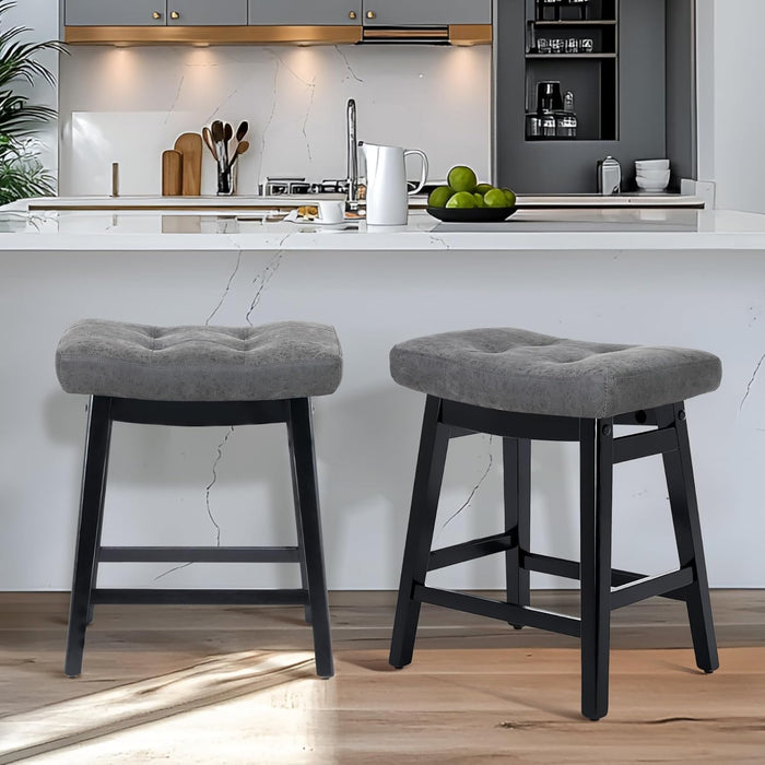 Counter Height Bar Stools Set of 3 for Kitchen Counter Farmhouse Modern Barstools with Faux Leather Upholstered Backless Seat and Solid Wood Legs 24 inch Bar Chairs, Grey + White