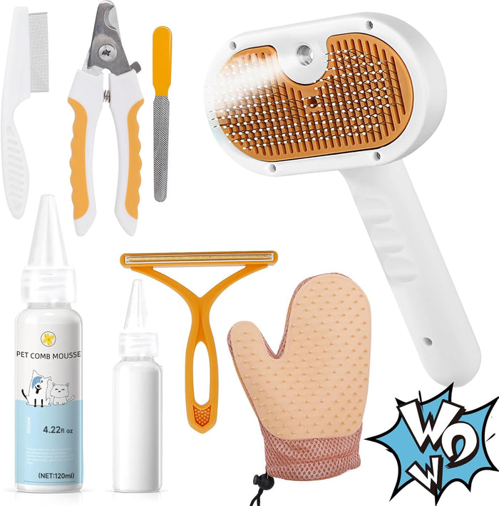 Pet Steam Brush for Dog & Cat – 3-in-1 Spray Hair Removal Comb – Steam for Shedding & Grooming – Water Brush for Long & Short Haired Pets – Spritz Defur Comb – Includes Waterless Shampoo