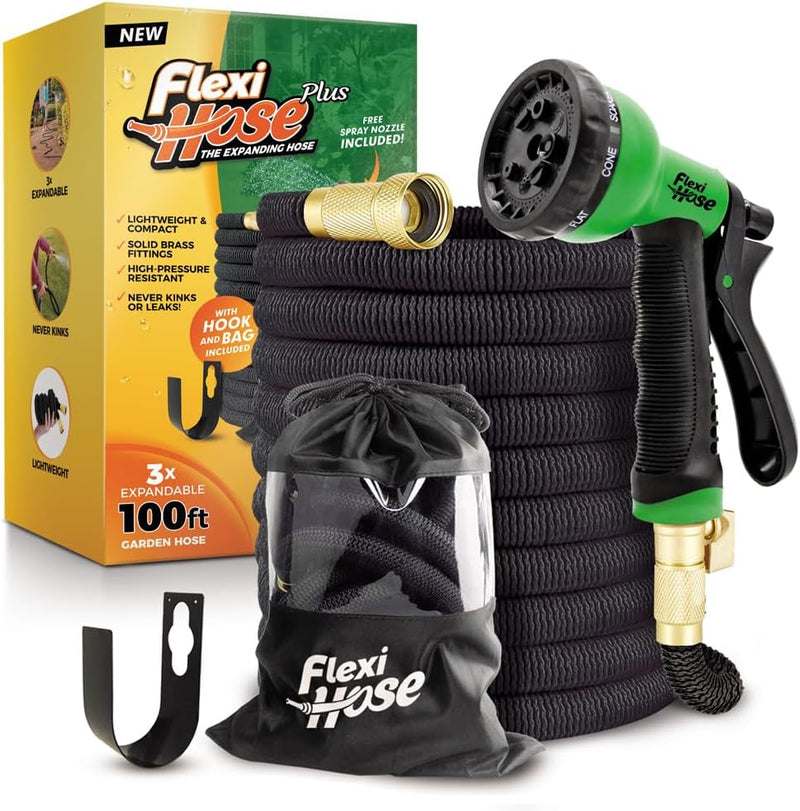 Flexi Hose PLUS with 8 Function Nozzle Expandable Garden Hose, Lightweight & No-Kink Flexible Garden Hose, 3/4 inch Solid Brass Fittings and Double Latex Core, 50 ft Black