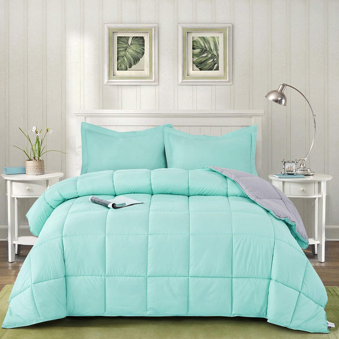 HIG 3pc Dusty Blue Full Size Comforter Set - All Season Reversible Down Alternative Comforter with Two Shams - Quilted Duvet Insert with Corner Tabs - Box Stitched Blanket - Breathable, Soft, Fluffy