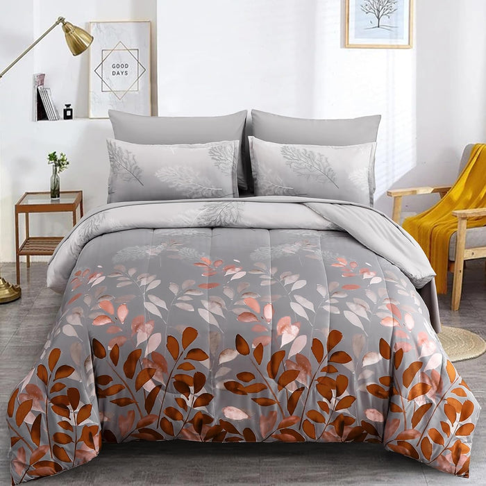 Blue Floral Comforter Set Queen Size 7 Piece Navy Botanical Gradient Leaves Ultra Soft Microfiber Down Alternative Bedding Set Lightweight Reversible Boho Bed Comforter Set for All Season 90" x 90"
