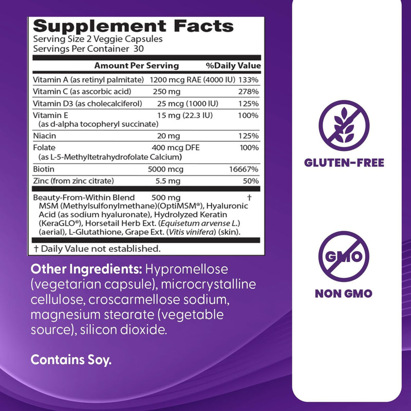 Doctor's Best Womens Hair, Skin & Nails with OptiMSM + KeraGLO, Comprehensive Beauty Support, Non-GMO, Gluten Free 60 Veggie Caps