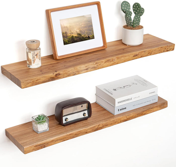 Floating Shelves for Wall Decor, Rustic Solid Elm Wood Live Edge Floating Shelves Wall Mounted, Wall Shelves with Invisible Bracket for Living Room Bathroom Bedroom Kitchen, 48 Inch, Walnut