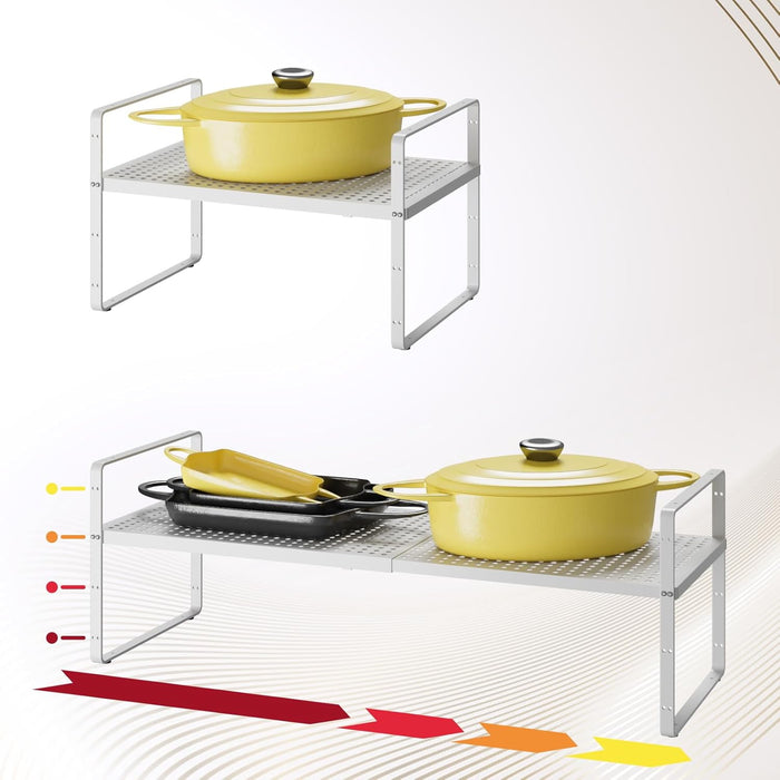 16.5~27.1" Expandable Shelf Organizer, 2Pack 8.1" Wide Stackable Cabinet Shelf Organizers, White Metal Sturdy Kitchen Counter Storage for Countertop, Adjustable Height Spice Rack