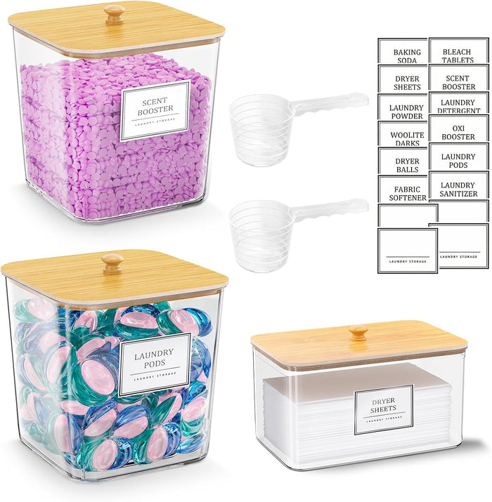 Laundry Pods Storage Container, Clear Laundry Room Organization and Storage ,Detergent Powder Container,with Wooden Lids & Labels, 3+1 Pack