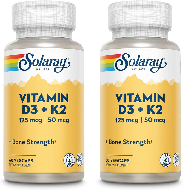 SOLARAY Vitamin D3 K2 - Bone Health and Immune Support Supplement - with 5000 IU Vitamin D as VIT D3 and 50 mcg Vitamin K2 as Menoquinone MK7, Made Without Soy, 60-Day Guarantee, 60 Serv, 60 VegCaps