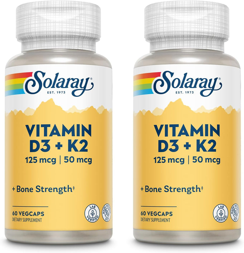 SOLARAY Vitamin D3 K2 - Bone Health and Immune Support Supplement - with 5000 IU Vitamin D as VIT D3 and 50 mcg Vitamin K2 as Menoquinone MK7, Made Without Soy, 60-Day Guarantee, 60 Serv, 60 VegCaps