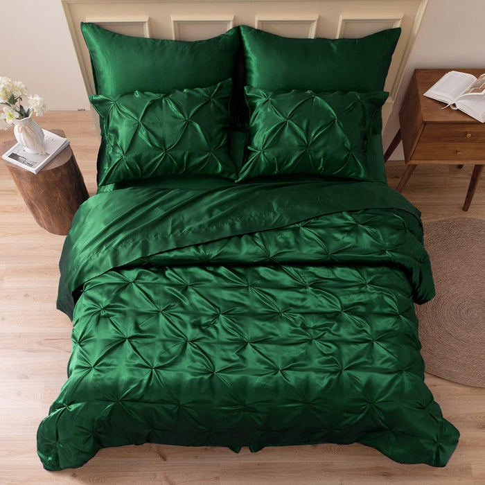 MR&HM Satin Comforter King 7 Pieces - Luxurious Pinch Pleat Bedding Set with Comforter, Flat Sheet, Fitted Sheet, Pillowcases & Shams, Super Silky Soft Bed Set for All Season (King, Black)