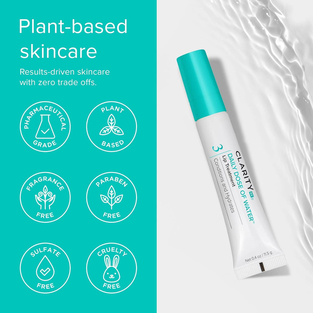ClarityRx Daily Dose of Water Lip Treatment, Hydrating Hyaluronic Acid Lip Booster, Plant-Based & Natural (0.4 oz)