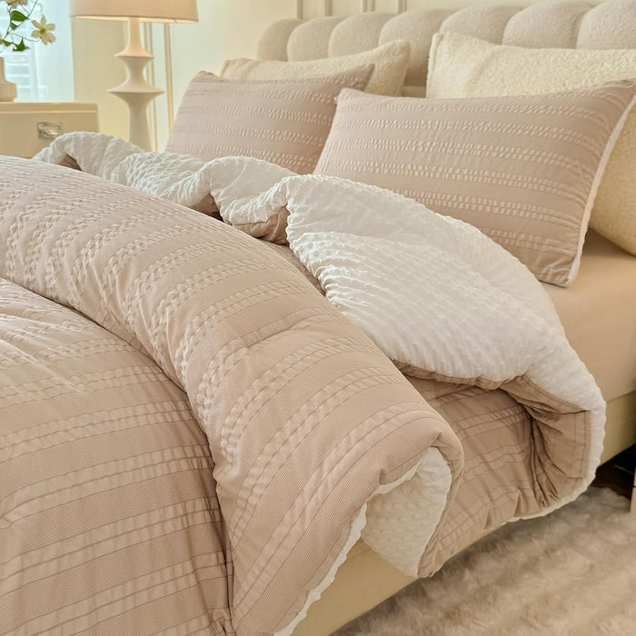 Boho Comforter Set Full Size Striped Pleats Bohemian Seersucker Bedding Set All Season Soft Cozy 3 Pieces Quilt with 2 Pillowcases(80"X90" Light Blue)