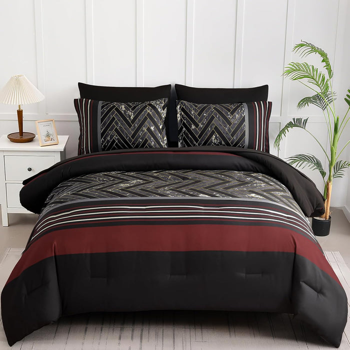Luxudecor Burgundy Comforter Set Queen Size 7 Pieces Red and Black Stripe Bed in a Bag Geometric Comforter and Sheet Set, Soft Microfiber Complete Bedding Sets for All Seasons